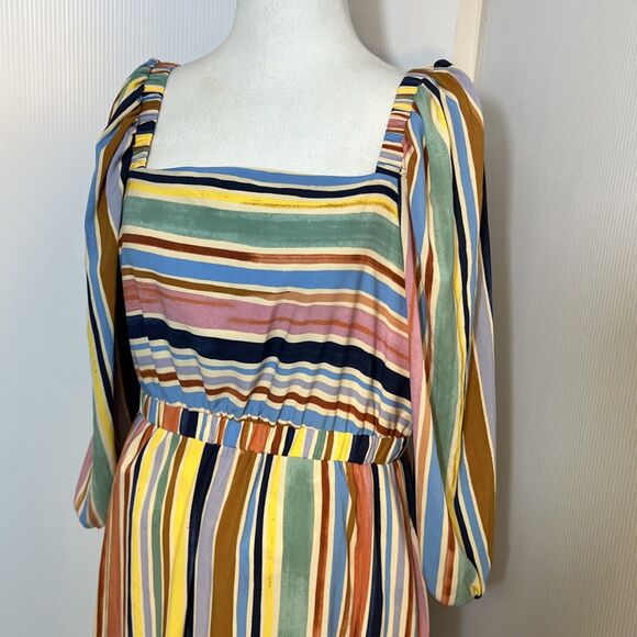 Donna Morgan Rainbow Stripe Tiered Midi Dress Sz 8 Square Neck Cottagecore Boho - Picture 2 of 6